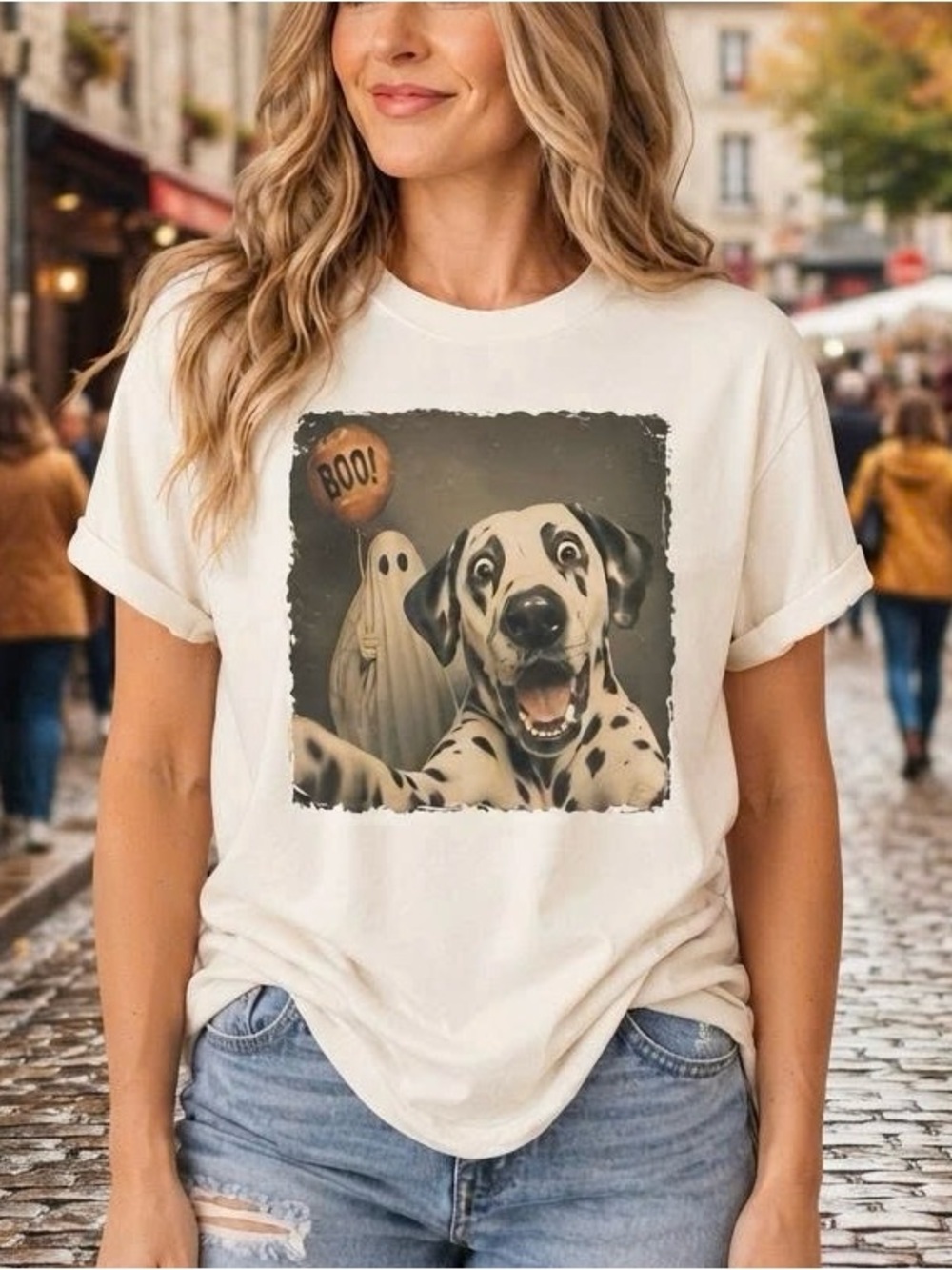Halloween Dalmatian Dog Selfie Ghost Graphic Tee White Shirt